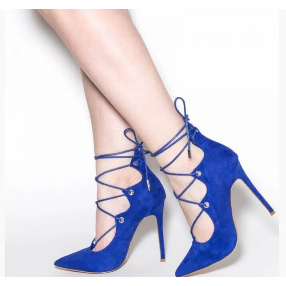 Royal Blue Lace up Fabric Pointy Toe Strappy Stiletto Heels Size 8.5 New In Box